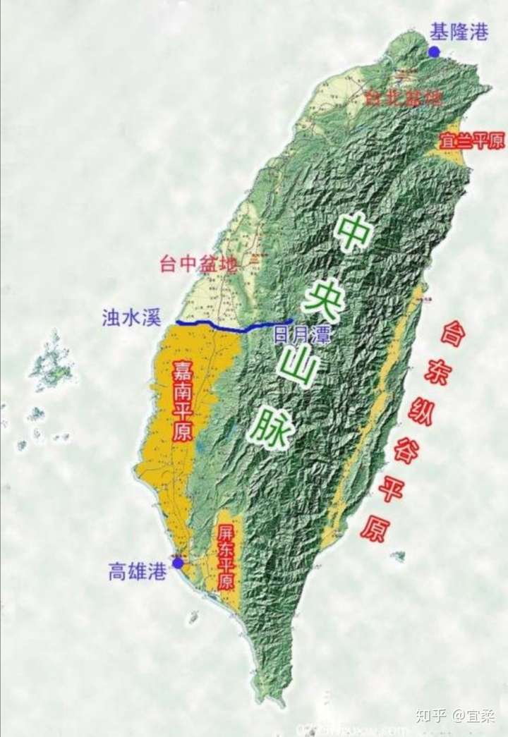 为平原和盆地,台南平原,屏东平原,宜兰平原与台东纵谷平原环绕四周