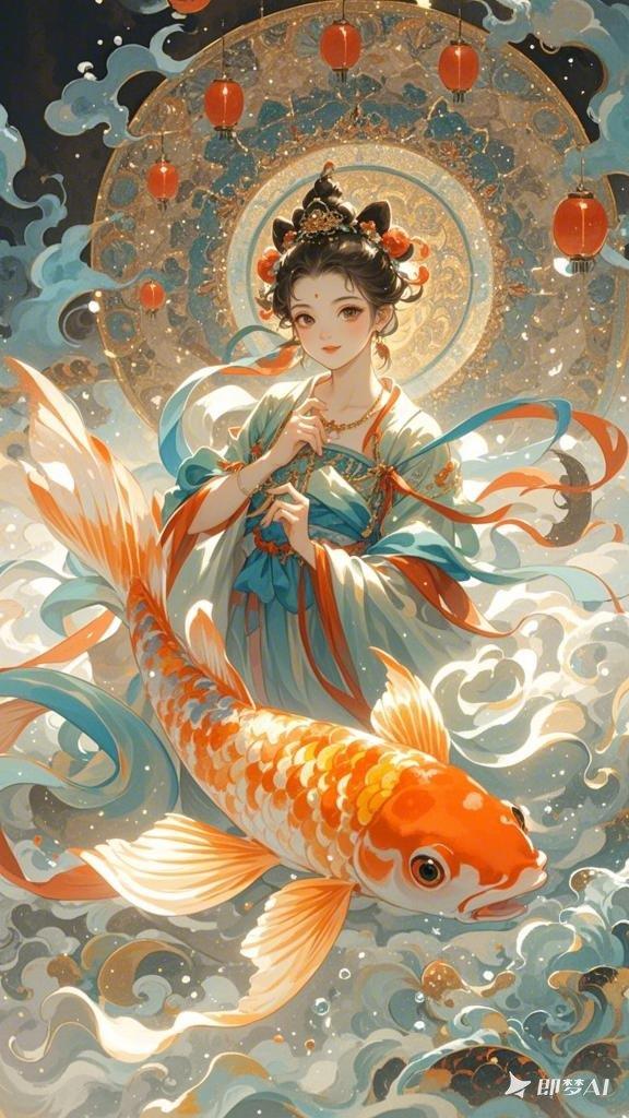 榕恩摩伈图 的想法: 传统锦鲤仙子彩绘风格ai绘画手机壁纸分享