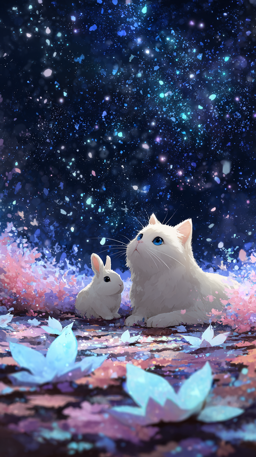 猫咪和兔子可爱的白色的小猫咪和白色的小兔子趴在彩色的花瓣上仰望着