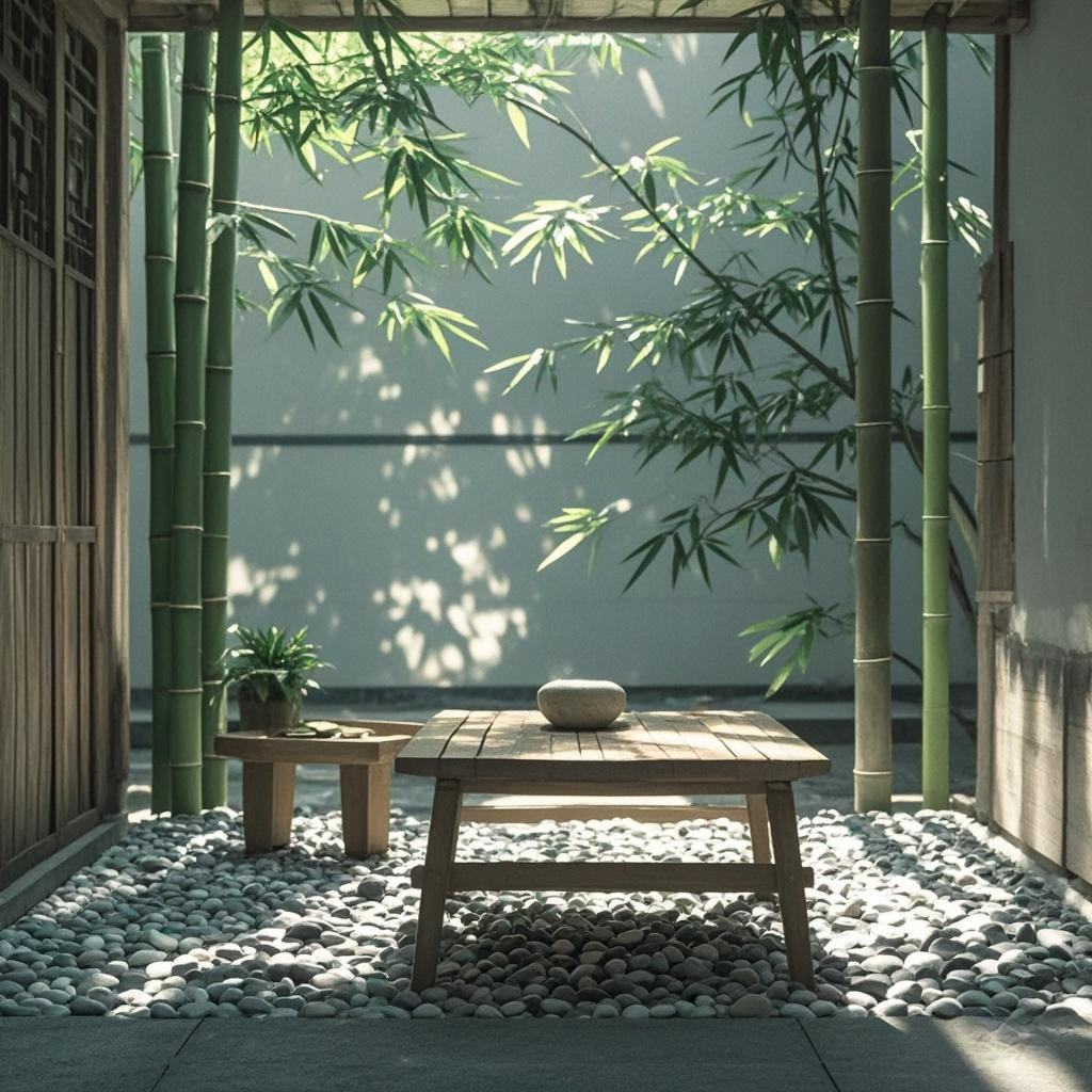 庭院中,石板小径蜿蜒于竹林之下,时有鸟儿穿梭