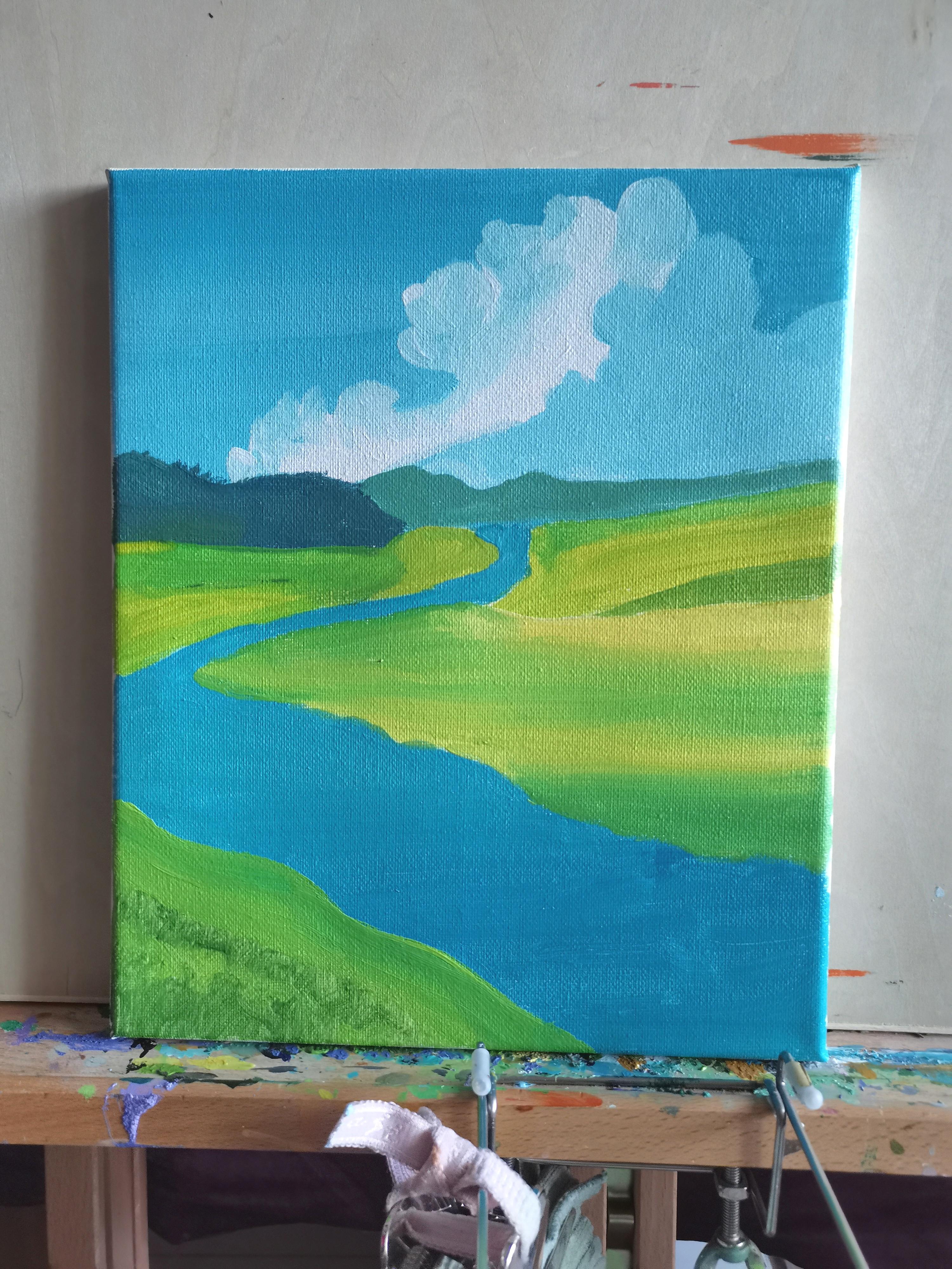 心妍新视界 的想法: 这幅《宫崎骏田间湖畔》丙烯画