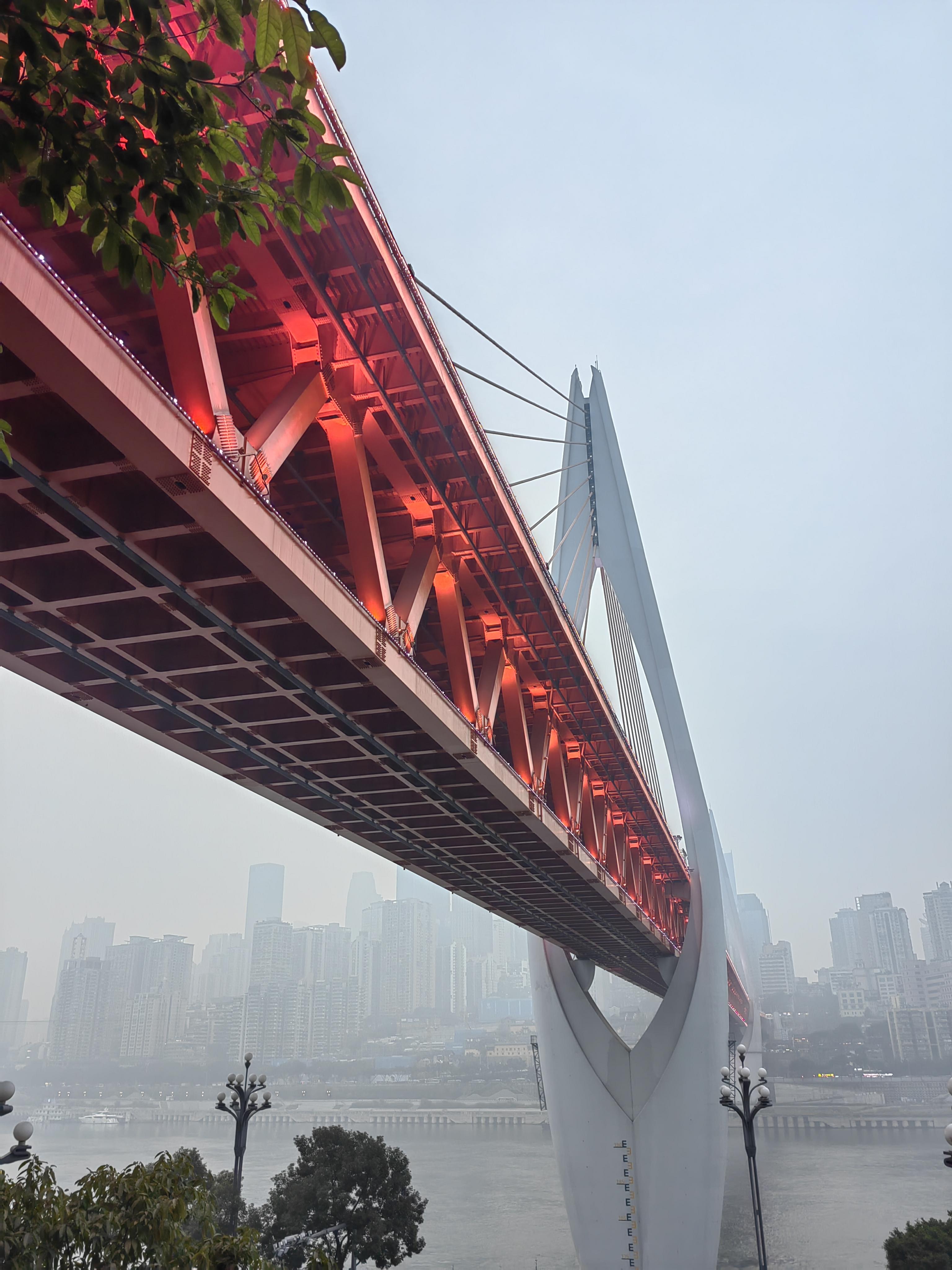 重庆东水门大桥,站在十几层楼高的桥边看地铁在身边通过跨江大桥擦