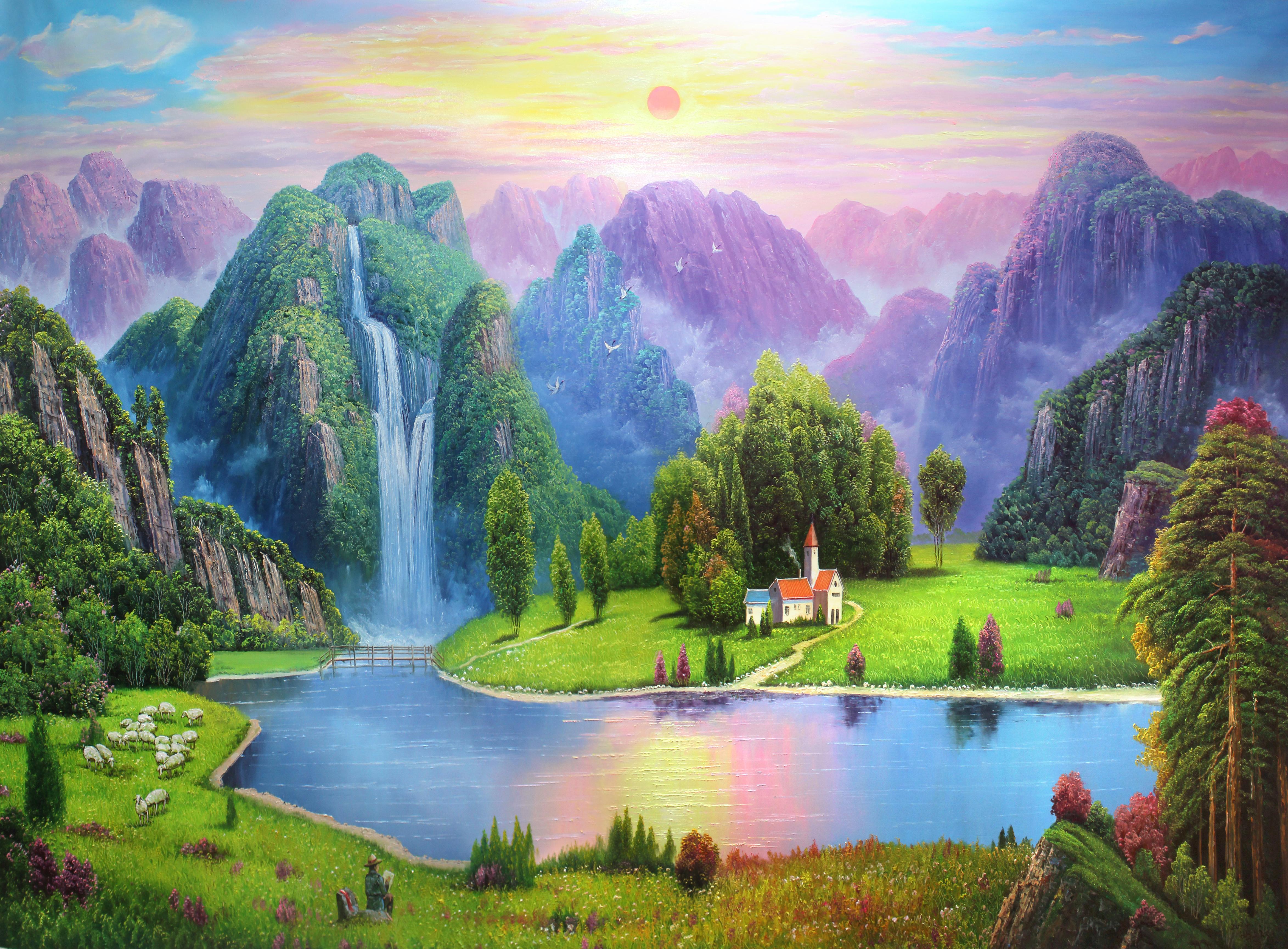 朝鲜画家创作基地 的想法: 朝鲜油画《人在春风福气中》