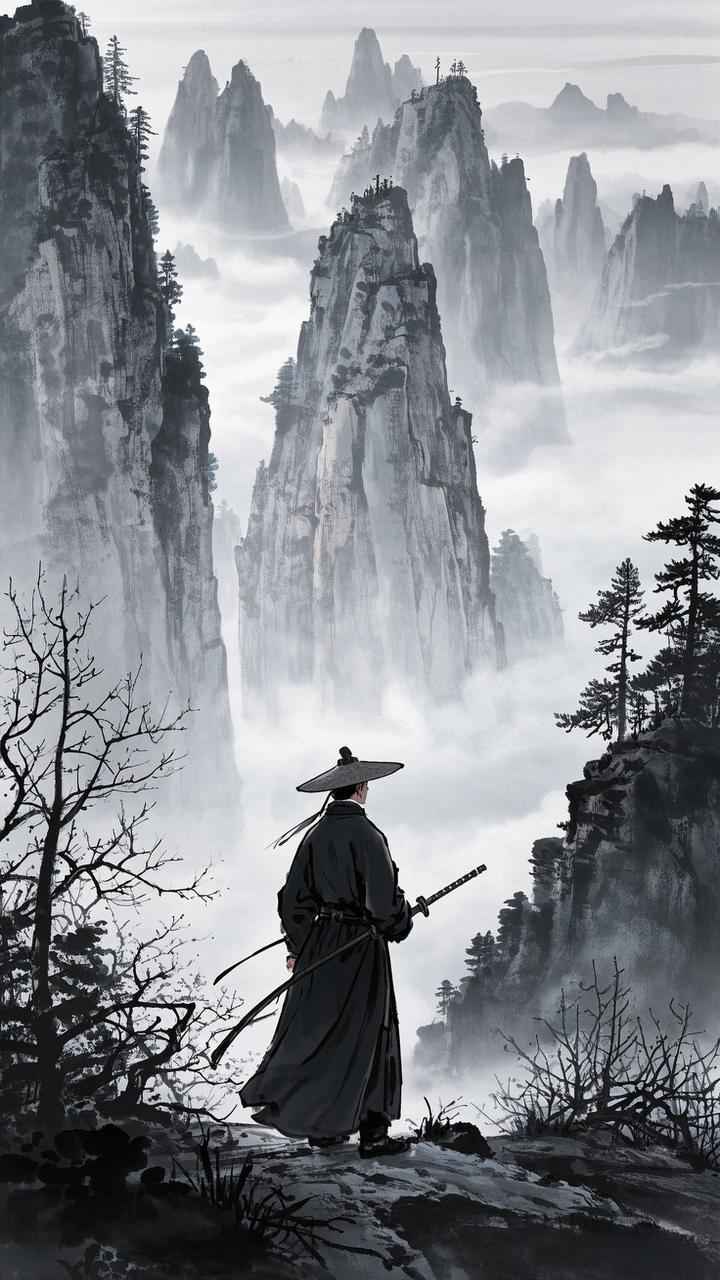 狂风呼啸,吹得衣袂烈烈作响,他目光深邃而坚毅,望