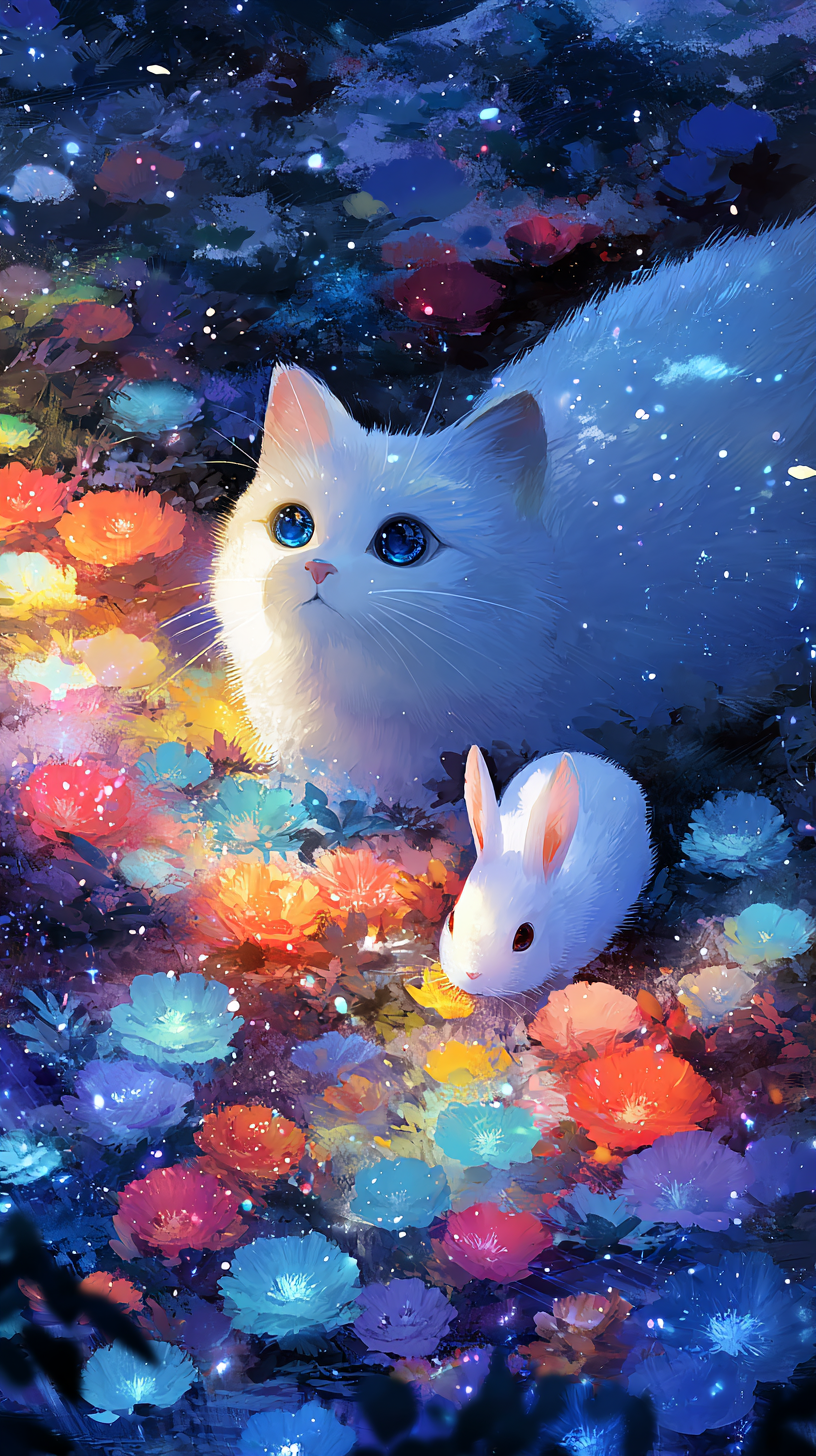 猫咪和兔子可爱的白色的小猫咪和白色的小兔子趴在彩色的花瓣上仰望着