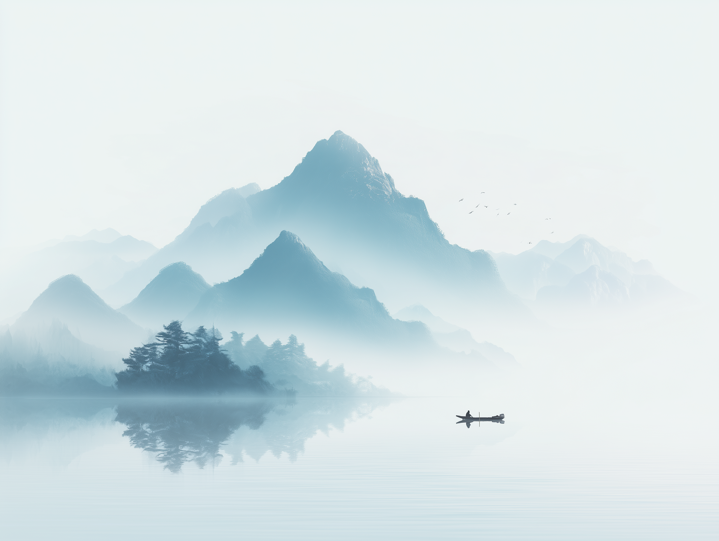 这幅作品以极简主义背景为基底,融入了水彩风格的中国山水插画