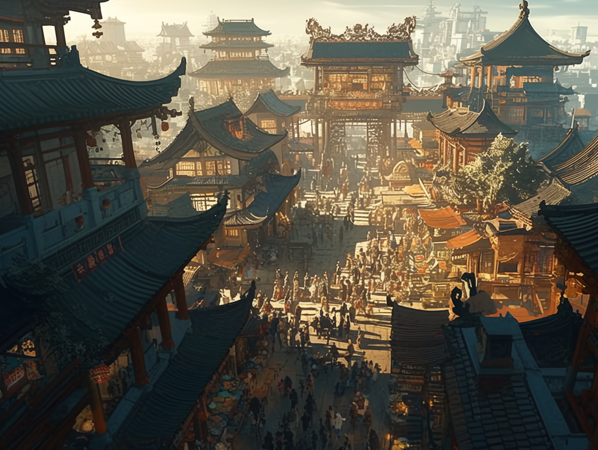 古代街道古风街道古代街道图片古建筑古风街道ai高空俯瞰风景中国古代