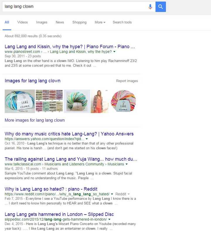 使用google搜索，以“lang lang”为关键词，搜索得到网页将近16亿，以“lang lan