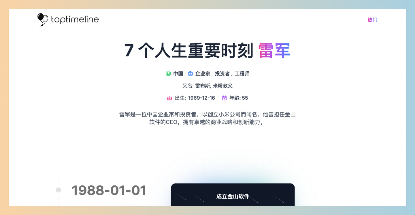 TopTimeline：专注于历史名人及重大事件时间线的平台，轻松探索名人历史，发现他们的辉煌时刻！-墨桅博客