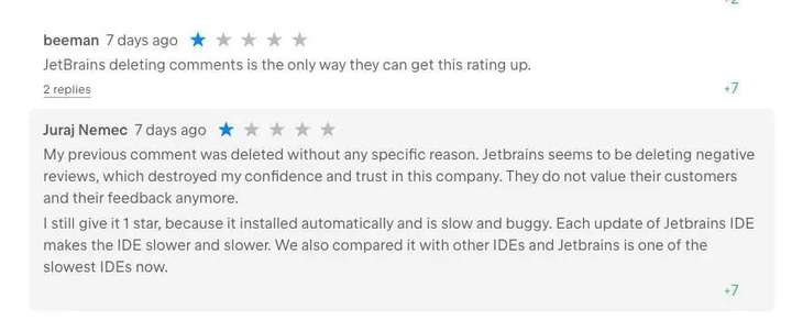 二十年老牌IDE栽在AI上，JetBrains被差评逼疯批量删除评论，用户怒打更多1星抗议