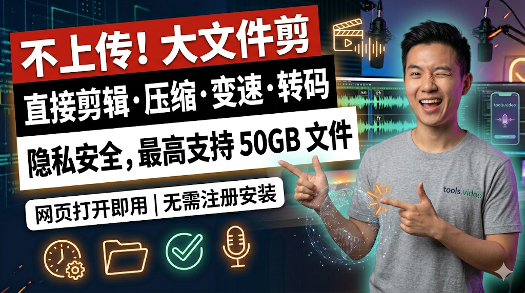 tools.video：一款免费的在线视频与音频处理工具箱，支持多种常用视频、音频处理功能，支持最高 50GB 文件处理