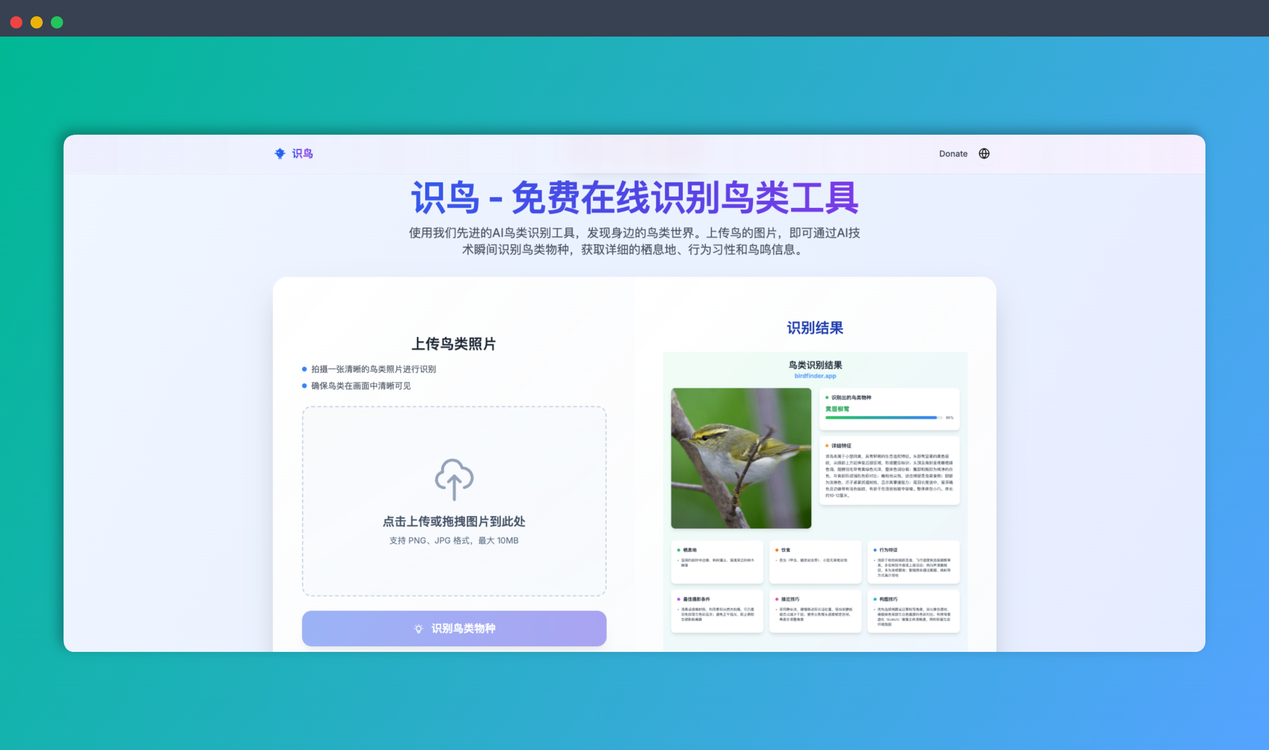 识鸟：一个AI 识鸟神器，只需上传一张鸟的照片，它就能瞬间告诉你鸟的种类、习性、栖息地