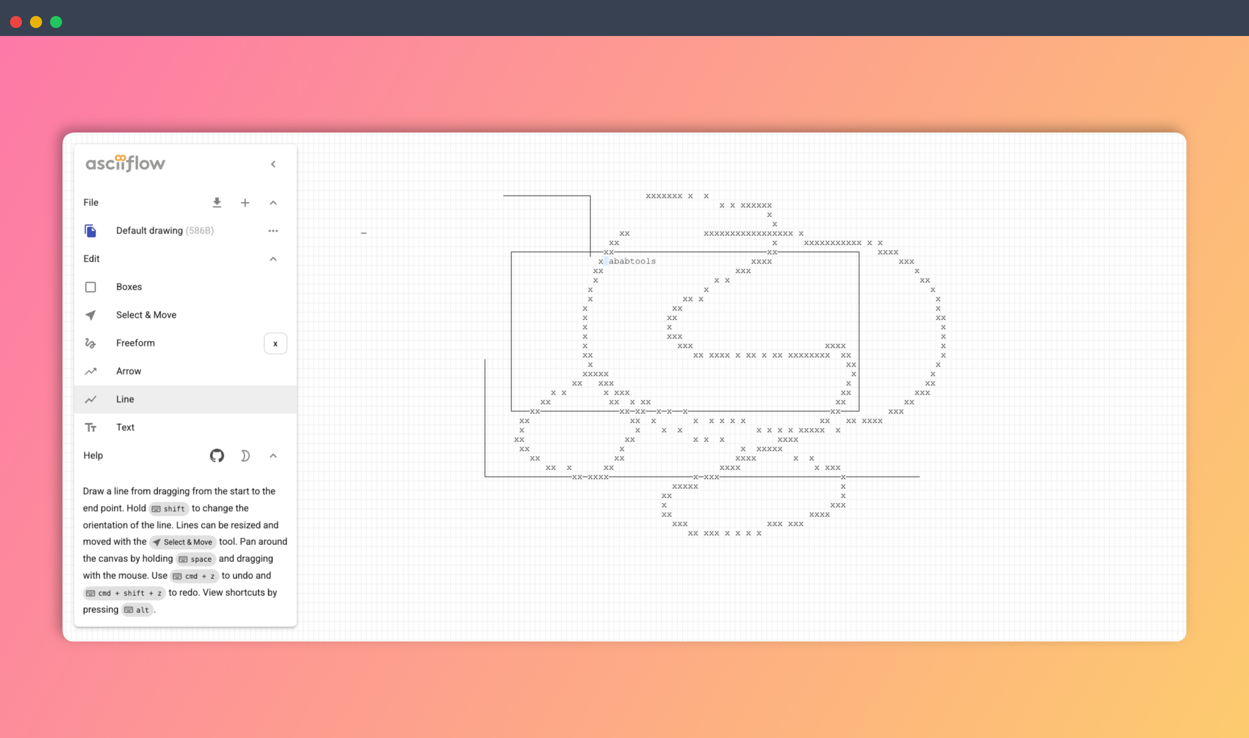 ASCIIFlow：免费的在线 ASCII 流程图绘制工具，输入字符即可实时预览图形效果，支持导出为文本、图片等多种格式
