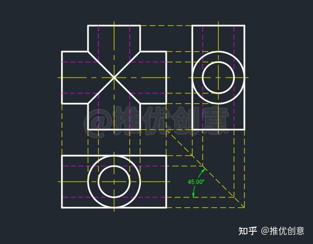 工程圖學中兩空心圓柱相交三視圖怎麼畫