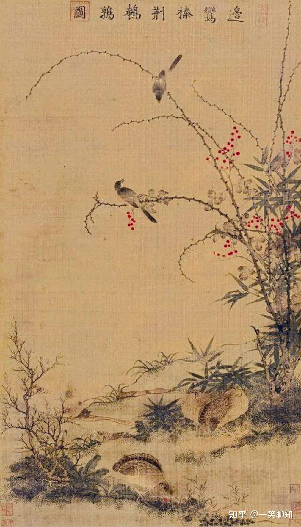 中国古美術・旧藏・明末風・周之冕款・花鳥画・絹本中堂掛軸・純手描き