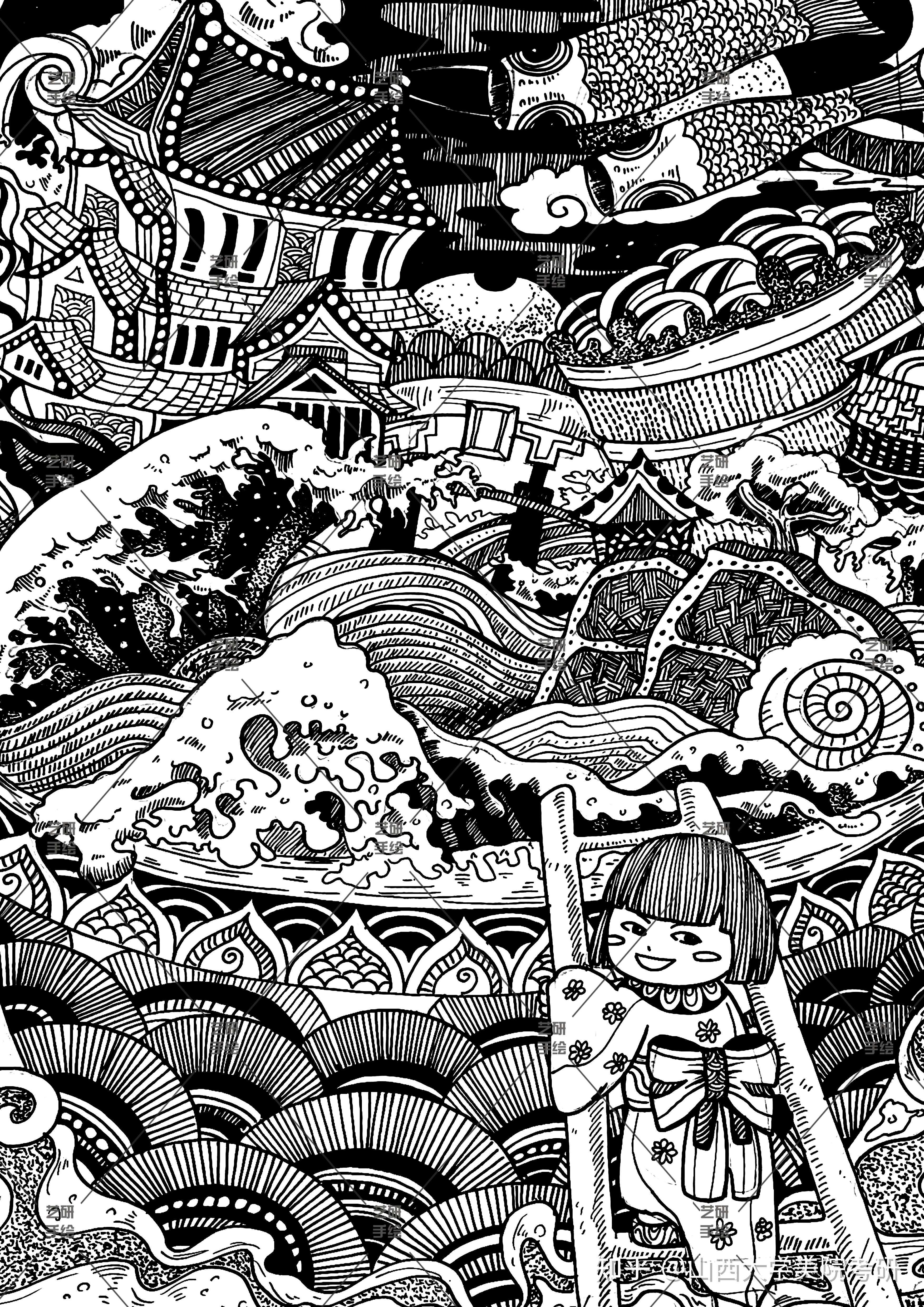 山西艺研手绘山西大学艺术设计公共艺术专业考研黑白装饰画壁画手绘