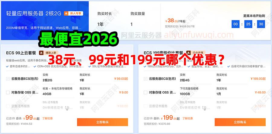 阿里云最便宜服务器2026年最新:38元1年、99元和199元哪个优惠?