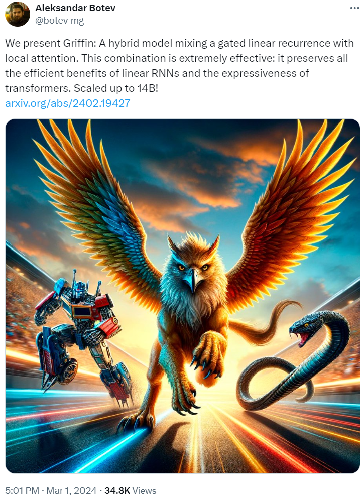 再超Transformer！ Google 提出两个新模型(Griffin、Hawk)，强于Mamba，更省资源 - 知乎