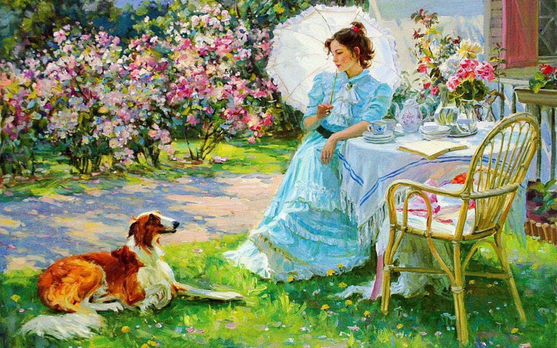 请问大家有一副油画画里有个女人撑着伞那叫什么名字