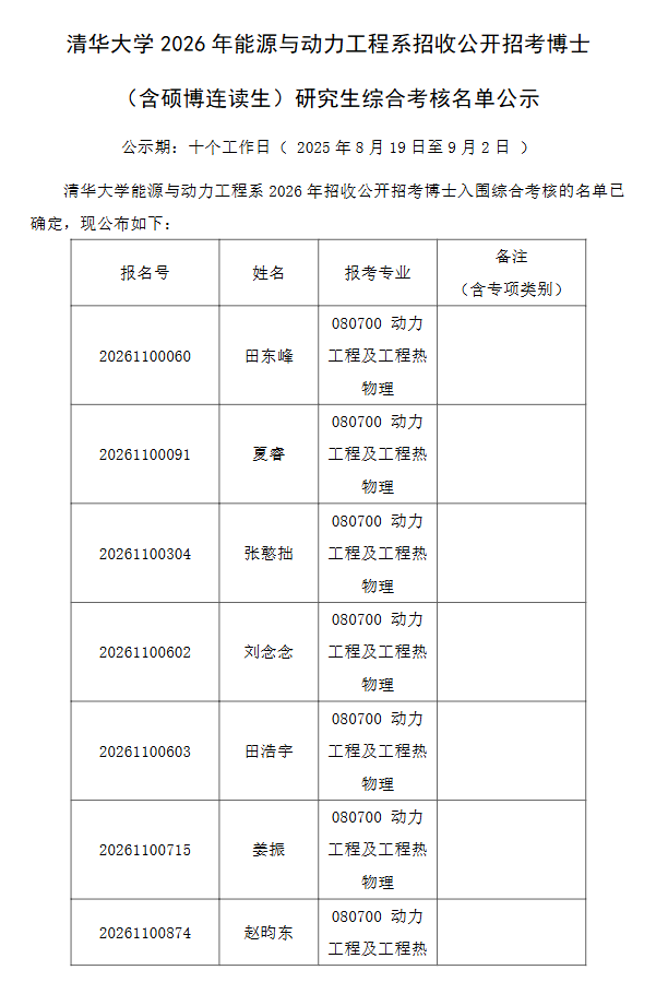 清华大学2026年能源与动力工程系招收公开招考博士(含硕博连读生)研究生综合考核名单公示 - 知乎