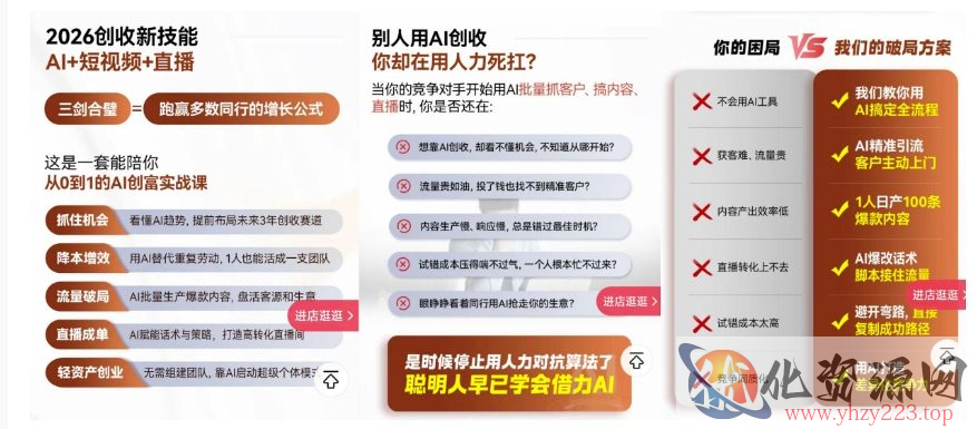 2026创收新技能AI+短视频+直播，用AI爆改生意，这是一套能陪你从0到1的AI创富实战课