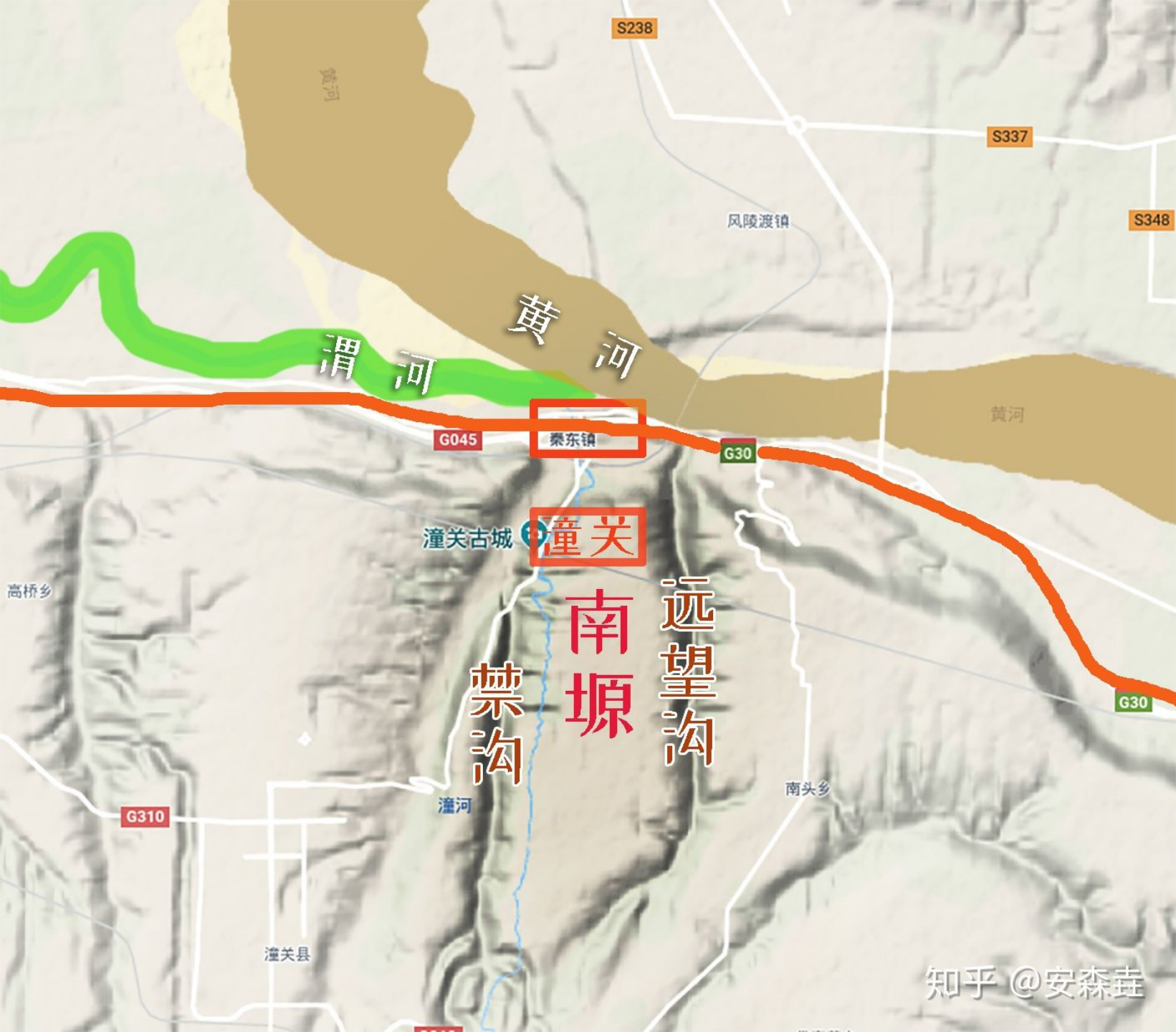 图 14:唐代以及如今,g30 高速公路无阻地在潼关和黄河的夹缝中穿过