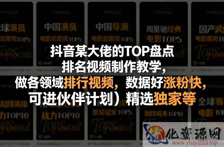 抖音某大佬的TOP盘点排名视频制作，做各领域排行视频，数据好涨粉快，可进伙伴计划＋精选独家等