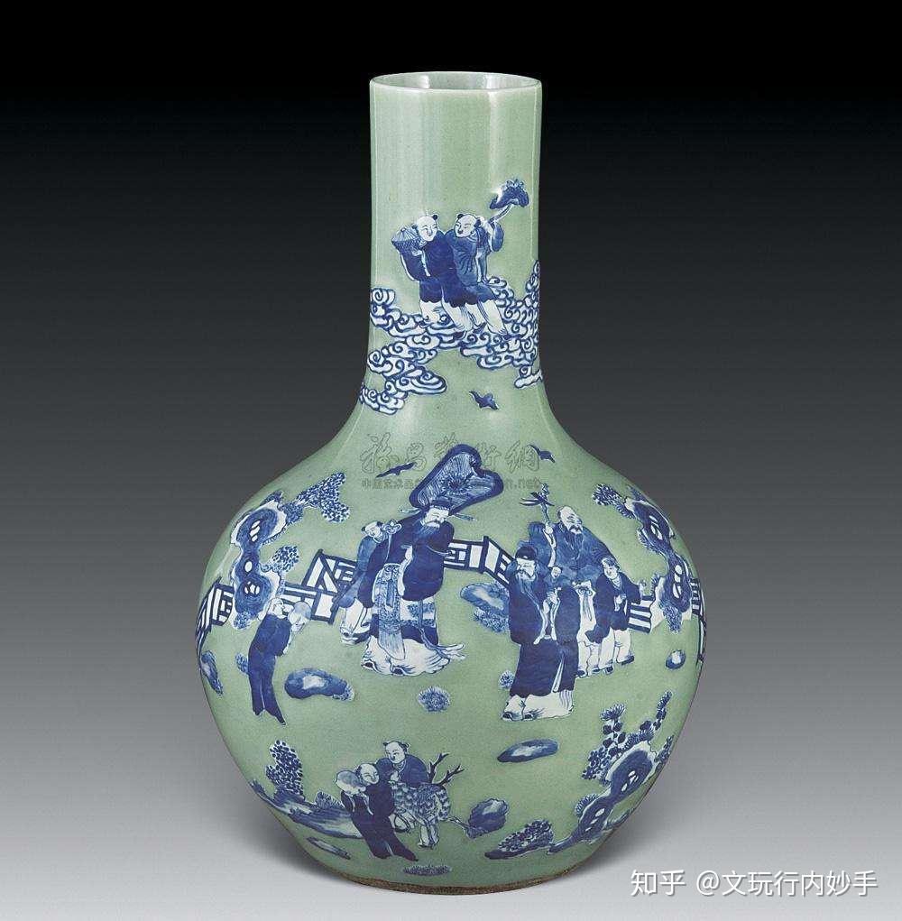 清・古陶瓷品・青花・豆青釉・福字天球瓶・陶藝・古董品・中国古玩