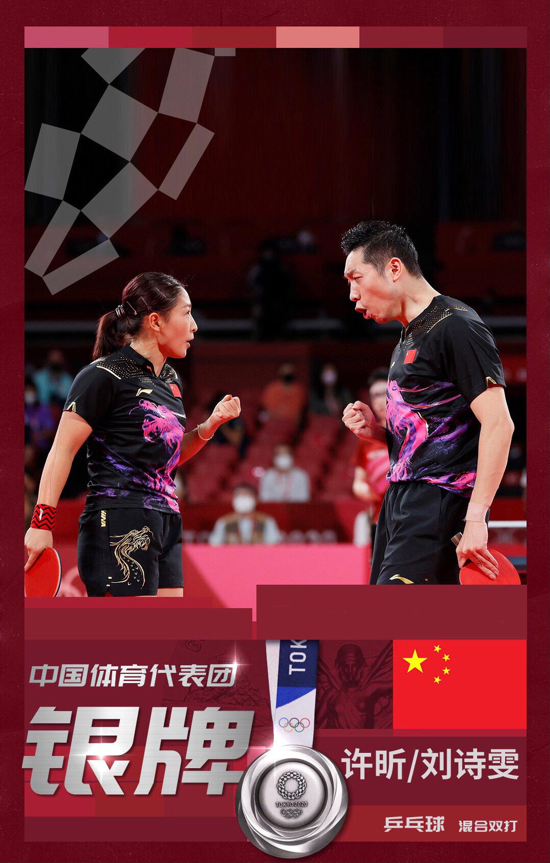 许昕刘诗雯昕雯联播组合在乒乓球混双决赛夺得银牌