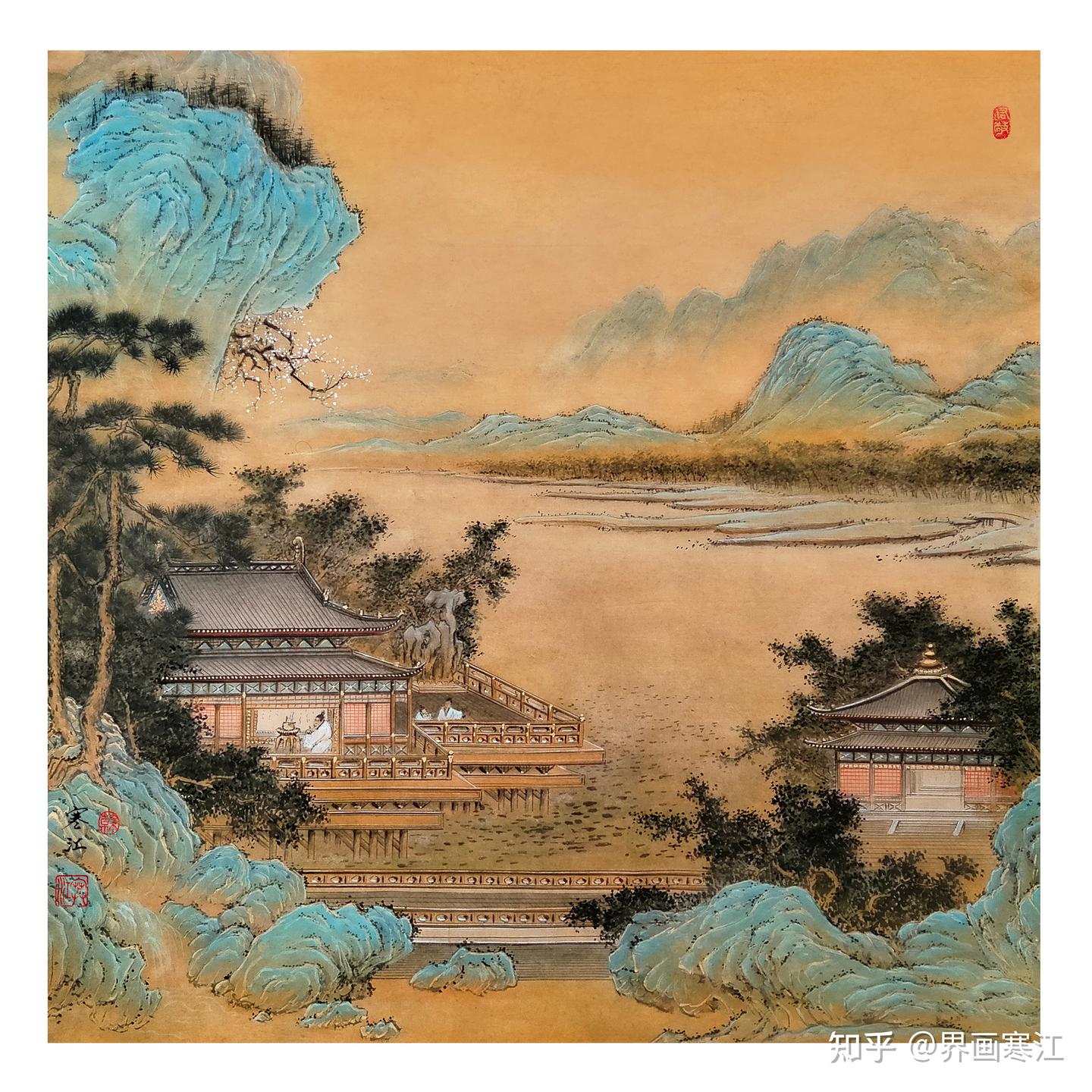 界画寒江---工笔仿古界画《水榭焚香》（仿元、明《金碧山水界画