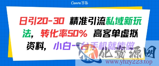 日引 20-30 精准引流私域新玩法，转化率50% 高客单虚拟资料，小白一台手机就能做