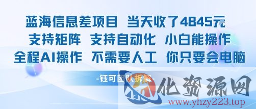 蓝海信息差项目当天收米1k+ 支持矩阵支持自动化小白能操作全程AI操作不需要人工你只要会电脑