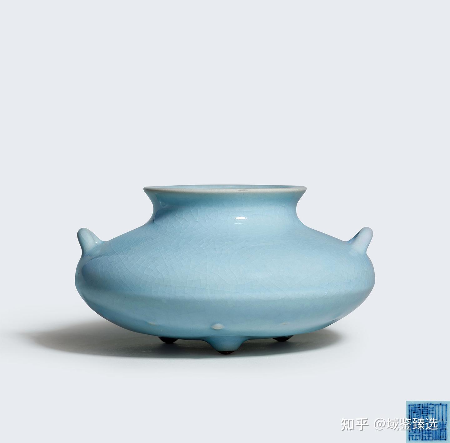 宋時代 汝窯 藍釉 双耳三足炉 宋汝窑青釉