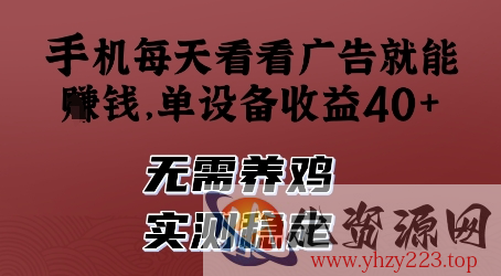 手机每天看看广告就能挣钱，单设备收益40+，无需养鸡，实测稳定【揭秘】