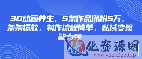 3D动画养生，5条作品涨粉5万，条条爆款，制作流程简单，私域变现能力强