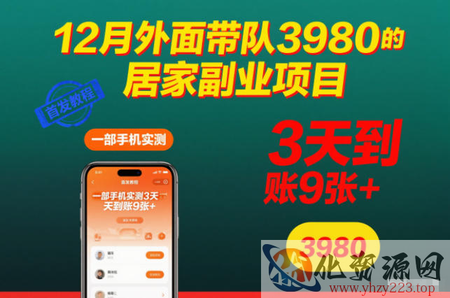 12月外面带队3980的居家副业项目，一部手机实测3天到账9张+，首发教程【揭秘】