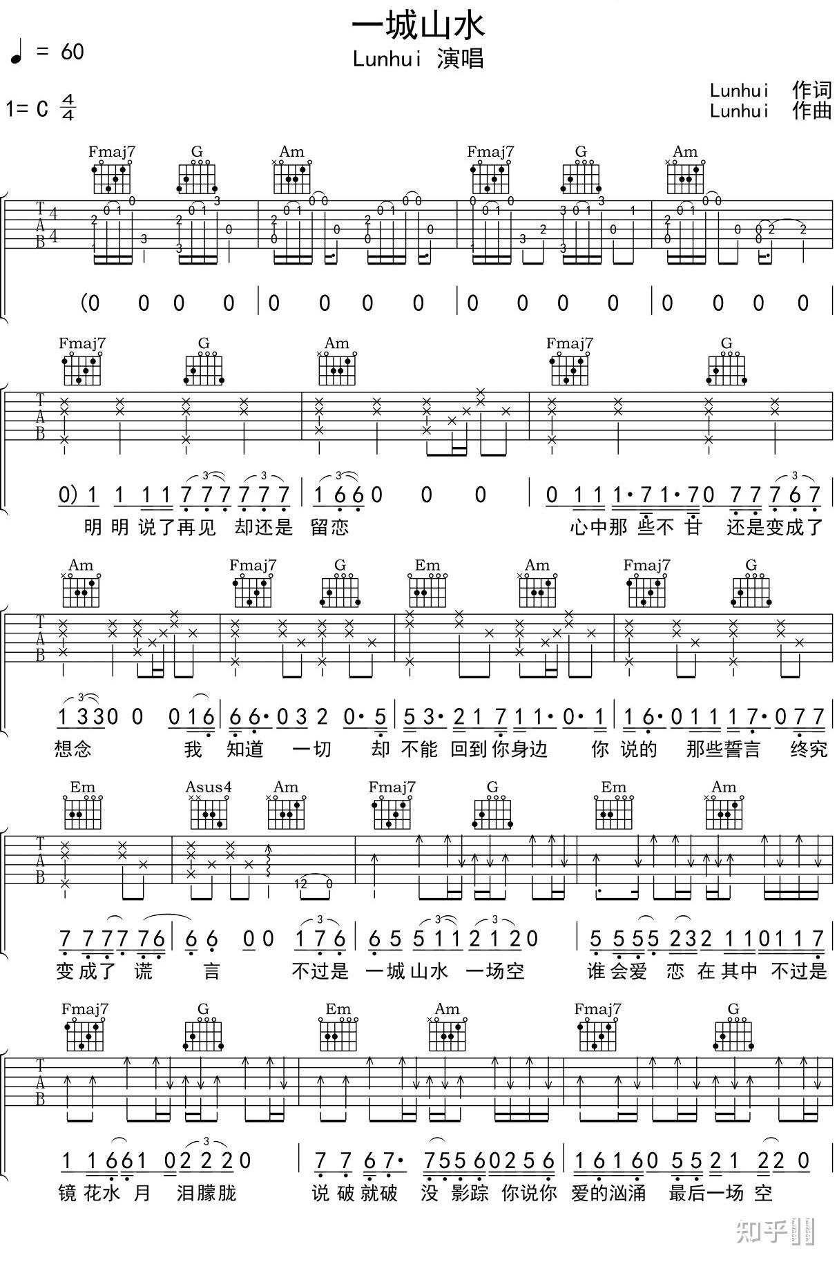 有没有哪位大神有一城山水的吉他谱