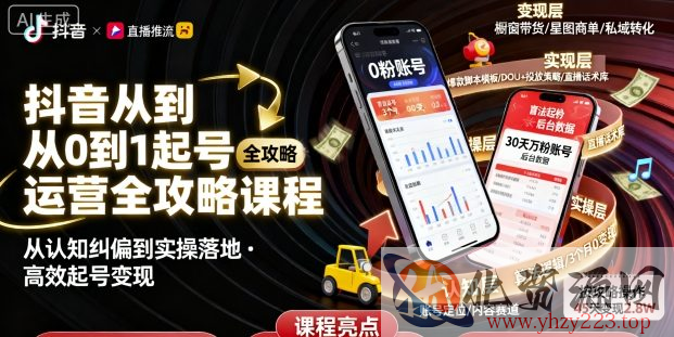 抖音从0到1起号运营全攻略课程，从认知纠偏到实操落地，高效起号变现