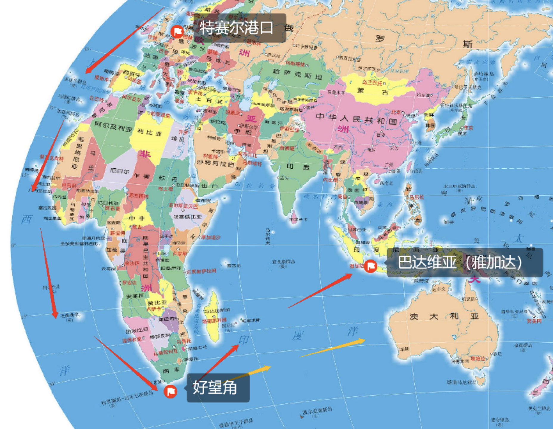 (红色为原定航线,橙色为改变后航线)