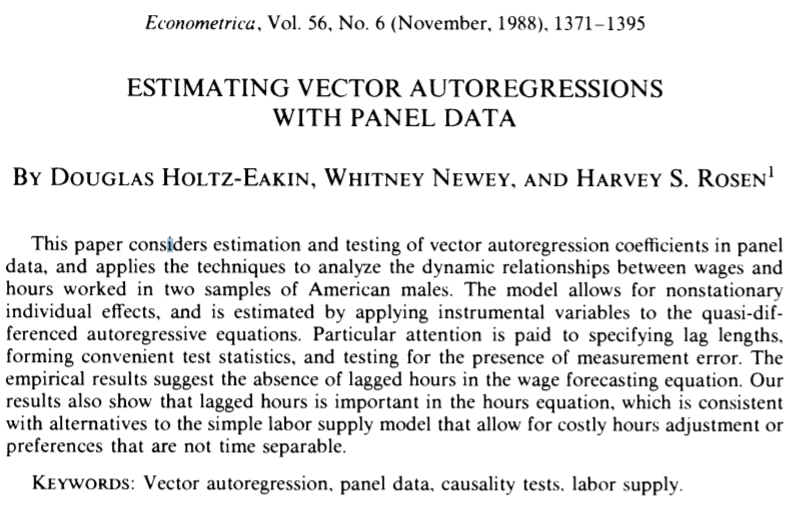 Pvar estimating vector autoregressions with panel data 