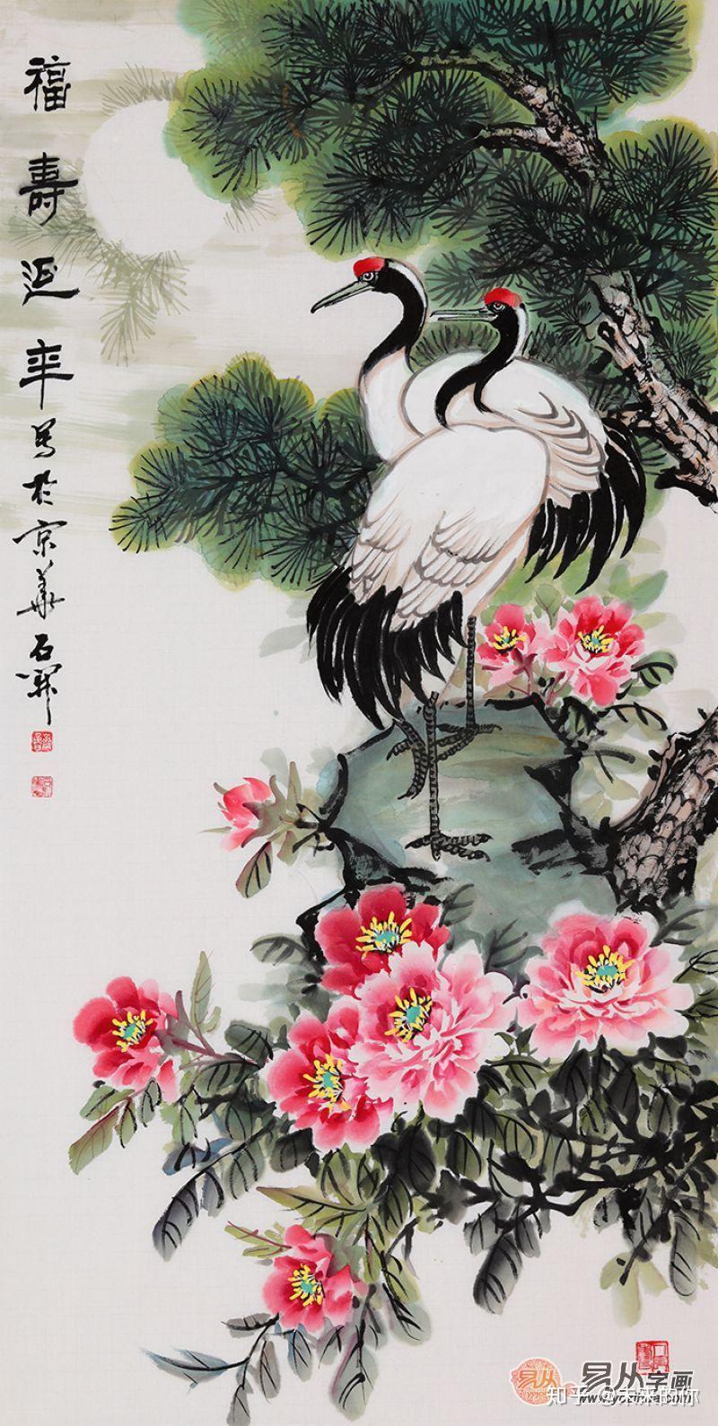 中国美術・純手描き・三尺画芯・松鶴延年・徐悲鴻印款・宣紙
