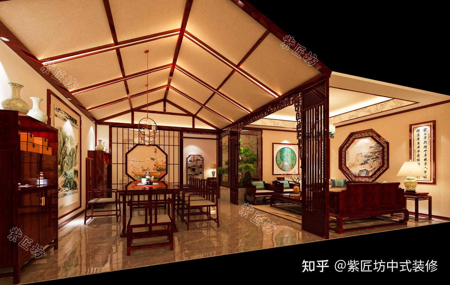 石家庄别墅装修丨630㎡中式独栋别墅设计,挑空客厅极具雅韵 - 知乎