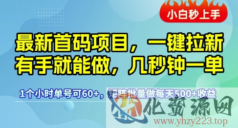 最新首码项目，一键拉新有手就能做，几秒钟一单，1个小时单号可60+，矩阵批量做每天5张【揭秘】