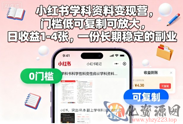 小红书学科资料变现营，门槛低可复制可放大，日收益1-4张，一份长期稳定的副业