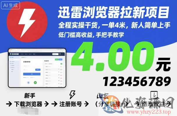 迅雷浏览器拉新项目，全程实操干货，一单4米，新人简单上手