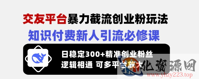 交友平台暴力截流创业粉玩法，知识付费新人引流必修课，日稳定300+精准创业粉丝，逻辑相通可多平台放大
