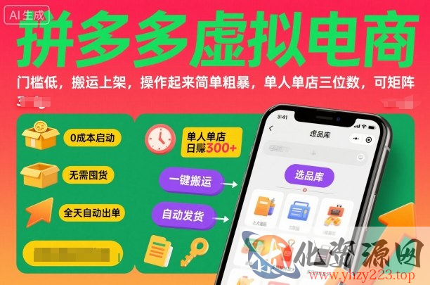 拼多多虚拟电商，门槛低，搬运上架，操作起来简单粗暴，单人单店三位数，可矩阵