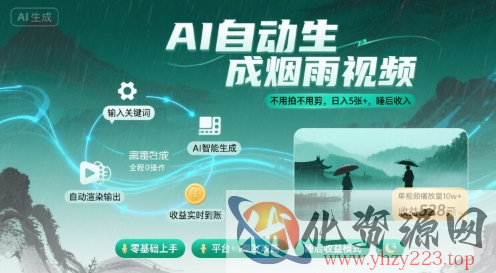 不用拍不用剪！AI自动生成烟雨视频，日入5张+，睡后收入