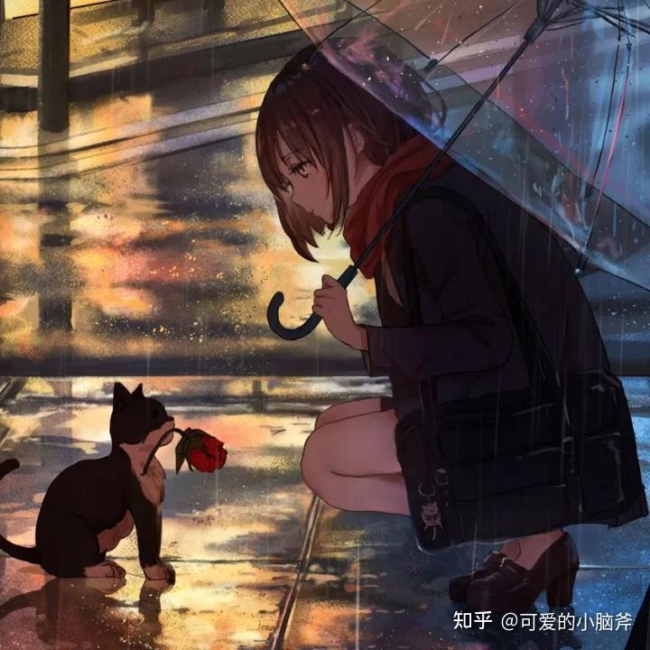 有一张动漫图片是一个女生和一个男生在雨中蹲着撑伞,另一张是男生没