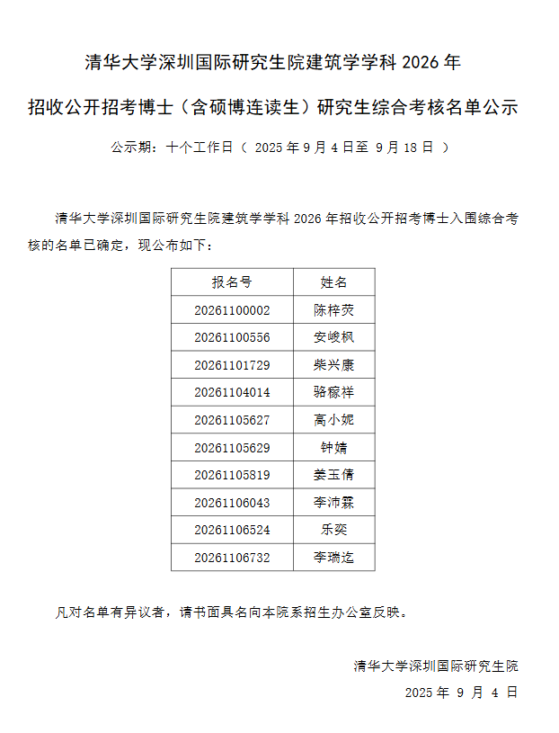 清华大学深圳国际研究生院建筑学学科2026年招收公开招考博士(含硕博连读生)研究生综合考核名单公示 - 知乎